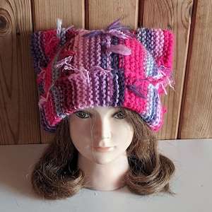 PINK Stray Cat ear hat/ Pussyhat 2024/ Scrap yarn Cat ear hat/ Chunky cat beanie/ Cat inspiration/ OVERSIZED cat beanie/ Gift cat lover