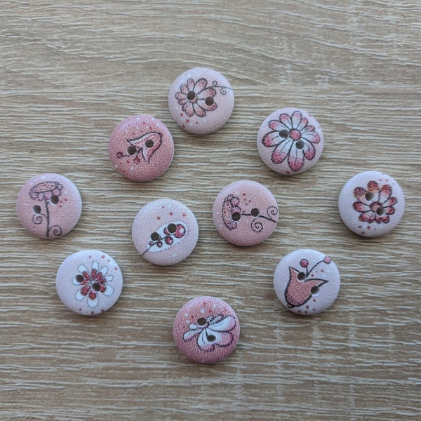 Set of 10 pieces of Flower buttons/ Wooden buttons x 10/Flower buttons/ Pink buttons/ Decorative buttons/ Child buttons/ Adult buttons