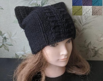 Black Cat ear beanie/ Black Cat ear hat/ Knitted cat hat/ Beanie for cat lover/ Cat ear hat/ Women wool beanie/ gift cat lover/ gift for her