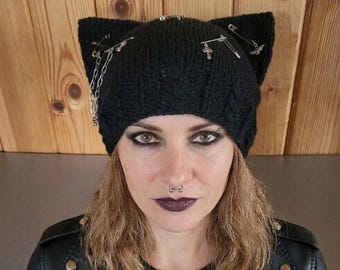 Black Cat Ear Beanie/ Punk Cat Ears Hat/ Gothic Knit Beanie/ Alternative Grunge Beanie/ Kawaii Cat Hat/ Emo Alt Winter Hat