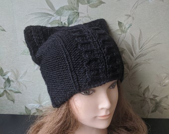 Women black wool Cat hat – Cat ear hat – Cat beanie - Knit hat – Cat hat for women - Wool hat - Beanie for women - Pure wool black cat hat