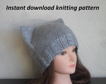 Instant Download knitting pattern IN ENGLISH - Cat ear hat knitting pattern - Women hat knitting pattern – Cat beanie knit pattern