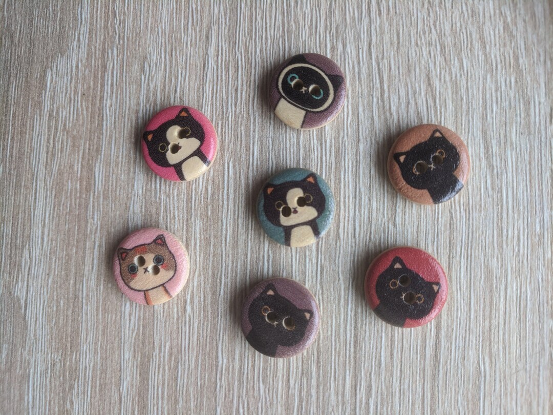Set of 10 Pieces Cat Buttons / Wooden Buttons X 10/ Cute Cat Buttons ...
