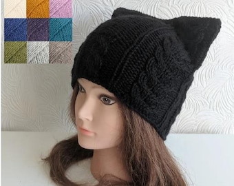 Hand Knit Black Cat Ear Beanie: Wool Winter Hat