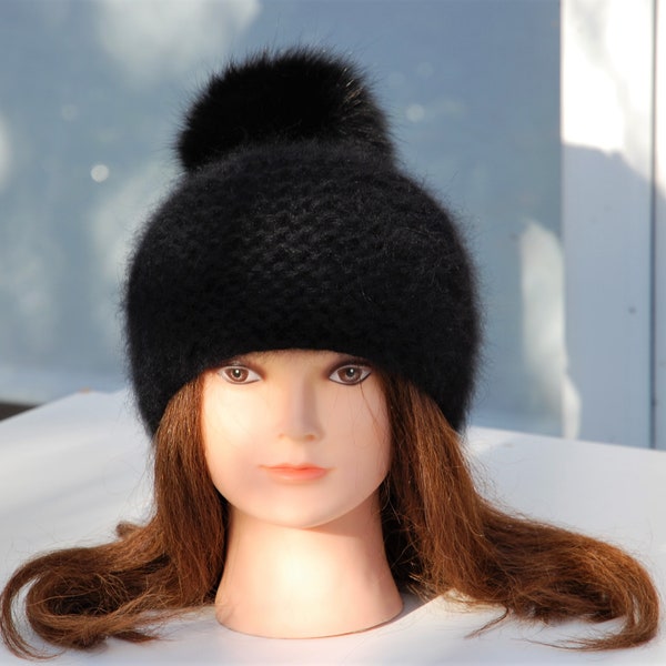 Real Angora wool hat/ Black Angora beanie /Knitted Hat WITH or WITHOUT pompom/ Black Fox Fur Pom Pom/ Black hat for women/ Angora bobble hat