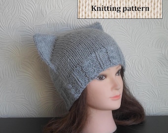 Instant Download knitting pattern IN ENGLISH - Cat ear hat knitting pattern - Women hat knitting pattern – Cat beanie knit pattern