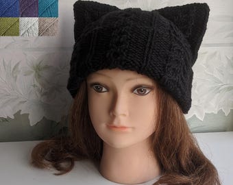 Black Cat ear beanie/ Black Cat ear hat/ Knitted cat hat/ Beanie for cat lover/ Cat ear hat/ Women wool beanie/ gift cat lover/ gift for her