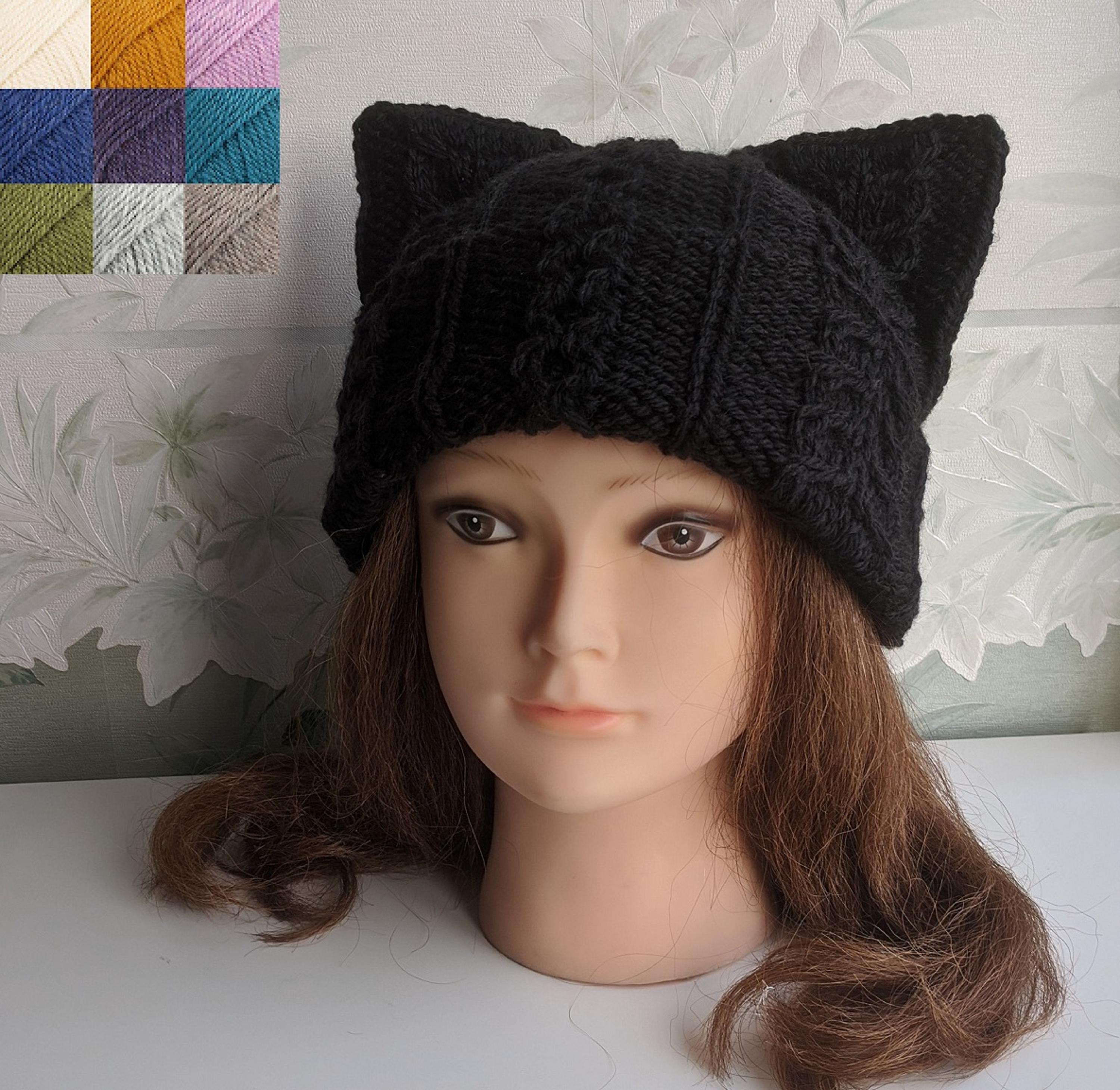 Black Cat Ear Beanie/ Black Cat Ear Hat/ Knitted Cat Hat/ Beanie