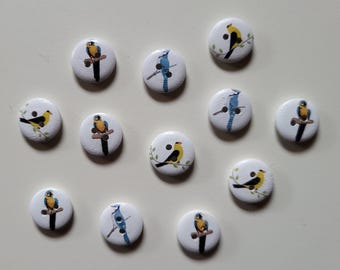 Conjunto de 12 botões de pássaros diferentes/ Botões de madeira de 15 mm/ Botões de pássaros/ Botões de animais/ Botões decorativos/ Botões infantis/ Presente para amantes de pássaros