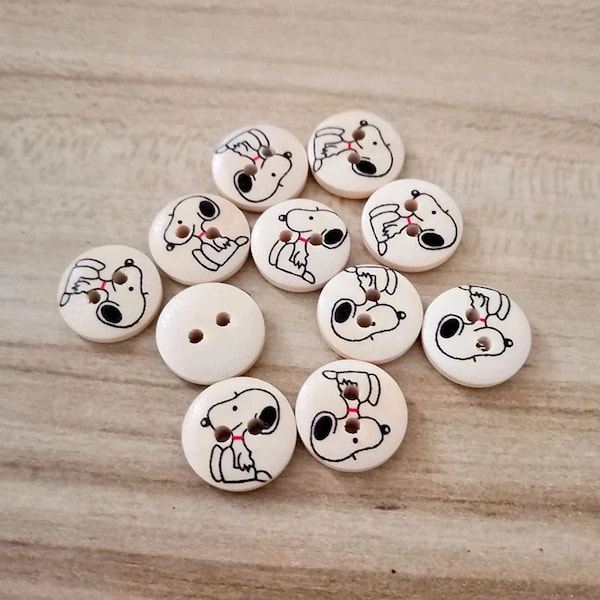 Set of 10 pieces Dog snoopy buttons / Wooden buttons x 10/ Dog buttons/ Puppy button/ Cartoons buttons/ Decorative buttons/ Child buttons