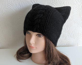 Women black wool Cat hat – Cat ear hat – Cat beanie - Knit hat – Cat hat for women - Wool hat - Beanie for women -  pure wool cat hat