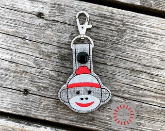 Gray Sock Monkey Keychain, Sock Monkey Key Chain, Sock Monkey Keyring, Sock Monkey Key Ring, Stuffed Animal Charm, Retro Sock Monkey
