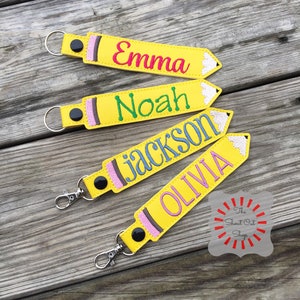 Pencil Keychain, Pencil Key Chain, Pencil Keyring, Pencil Snap Tab, Pencil Bag Tag, Pencil Tag, Personalized Pencil Tag, Embroidered Name