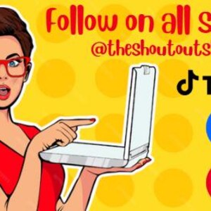 May include: Pop art style illustration of a woman in a red top and glasses holding a laptop. The image has text that says "Follow on all socials @theshoutoutshop" with social media icons for TikTok, Facebook, and Pinterest on a yellow background.