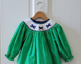 THE BELLA BEAN Retro Green Trapeze Dress with Bow Design  - 18 months