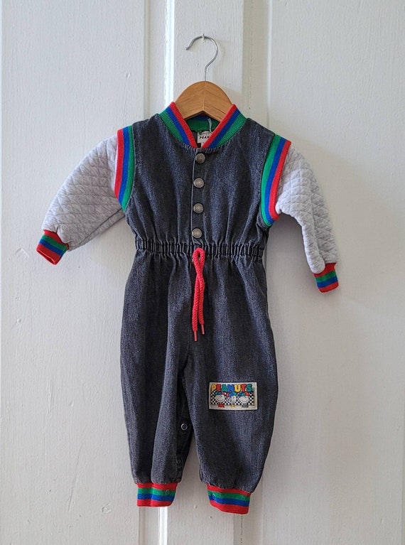 PEANUTS Retro Denim Red Blue and Green Trim Jumpsu