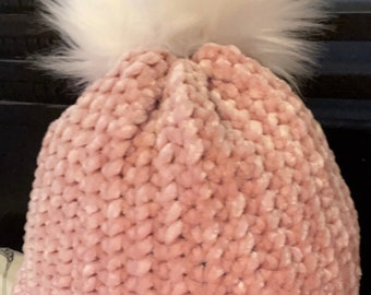 The Sabine Pink Velvety Crochet Slouchy Hat w/ Removable Faux Fur White Pom Pom RTS
