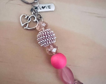 Pink Sparkly Beaded Keychain with Hearts