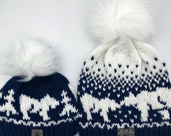 Mommy and Me Hand Knit Hat Set, Fair Isle Mama Bear and Child Polar Bears, Removable Faux Fur Pom Poms, Ready to Ship