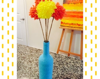 Boho Bouquet- Ready to Ship Yarn Wrapped Wine Bottle Vase With Yarn Pom Pom Billy Ball "Flowers"