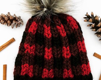 Red & Black Buffalo Plaid Knit Chunky Hat with Removable Faux Fur Pom Pom, MTO