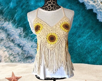 The Abby Boho Granny Square Sunflower Crochet Halter Crop Top with Fringe- Made-to-Order