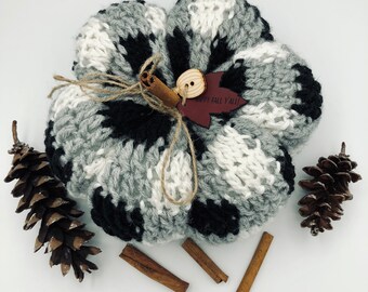 Large, Chunky, Buffalo Plaid (Black, White & Gray) Crocheted Stuffed Pumpkin READY TO SHIP with Optional Pumpkin Spice Scent