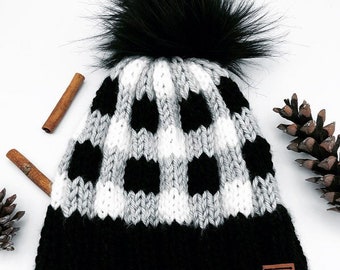 Hand Knit Black White & Gray Chunky Buffalo Plaid Hat with Removable, Faux Fur Pom Pom, MTO