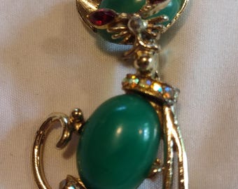 Broche Chat Vintage En Or Jaune 14K Avec Jaspe Rose Et Pâte Verte - 1,25 Pouce