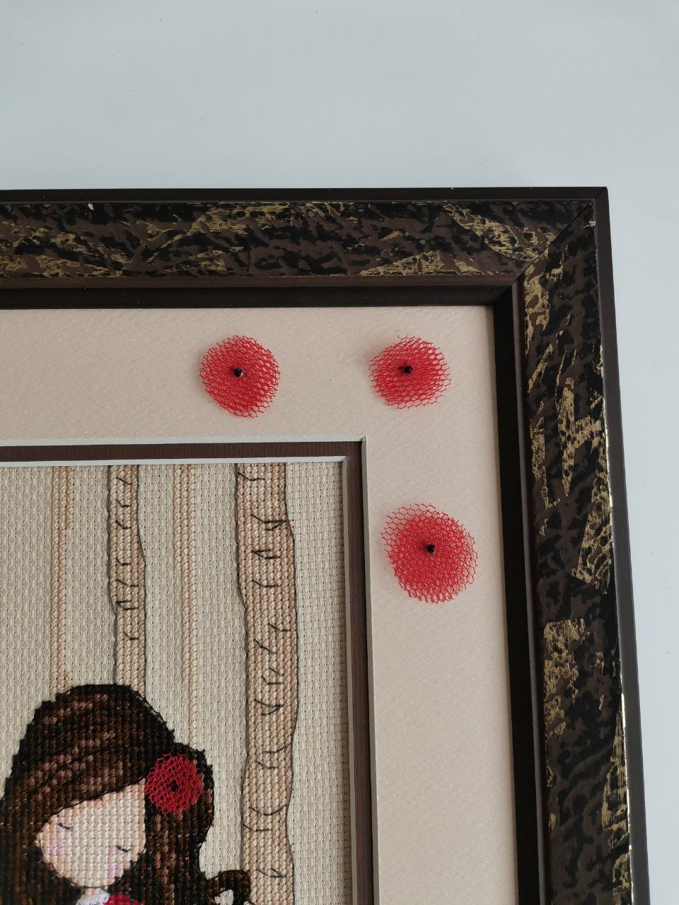 Completed Cross Stitch Santoro Gorjuss, Girl in Red Dress Cross Stitch