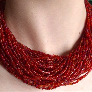 Red Handmade Mixed Beads Choker Necklace With Ribbons. Made in Ukraine, Unique Women’s Accessories