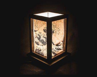 LAMPADA giapponese in legno Onda di Kanagawa. Lampada Lanterna Artigianale Zen