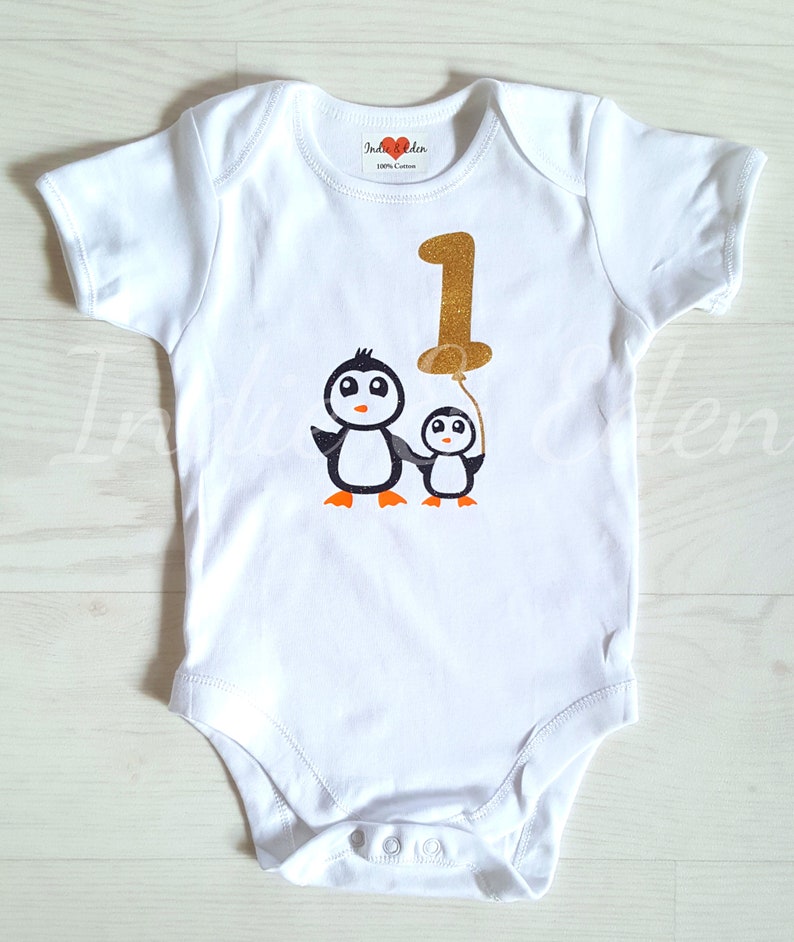 Baby Birthday Outfit Penguin 1st Vest Gold Girls Baby One Baby Grow Babygrow Cake Smash Photo Prop