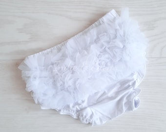 Girls Outfit - 1st Birthday Girl - Baby Bloomers - Frilly Knickers - Nappy Cover - Cake Smash - Tutu -  Photo Prop - Baby Knickers - White