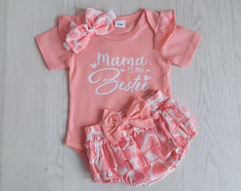 Baby Clothes Summer Outfit Baby Bloomers Baby Outfit Baby Girls Outfit  Summer Baby Pink Cute Baby Set Mama Is My Bestie Baby Short Set