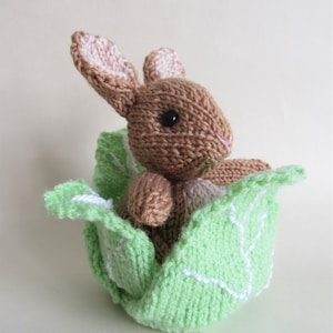 May include: A handmade knitted brown bunny with pink accents, nestled in a light green knitted cabbage. The bunny has black eyes and is sitting inside the cabbage. The cabbage has white embroidered veins.