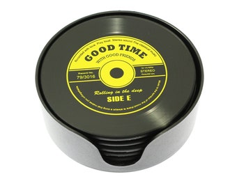 Set of 6 Glass Retro Record Coasters in Stand - Gifts For Him -