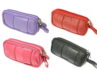 Soft Black Red Purple Pink Goat Leather Double Spectacle Glasses Case with Belt Loops for Unisex