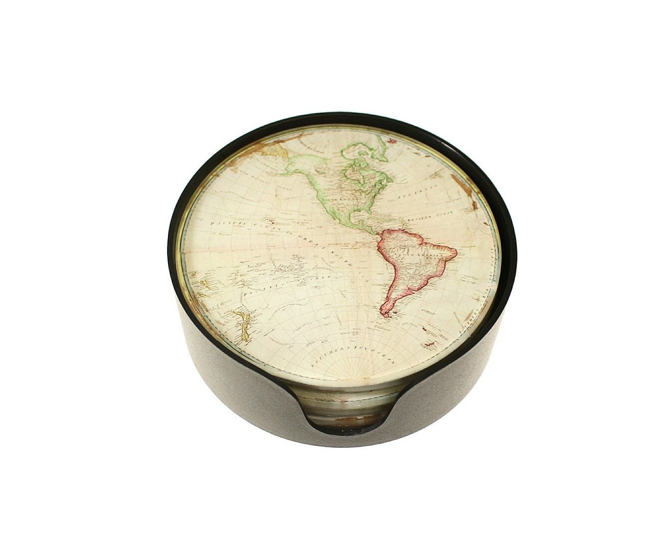 Round Map Coaster Set of 6 World Map Coasters in Stand - 3 Designs - Great Gift Idea ...