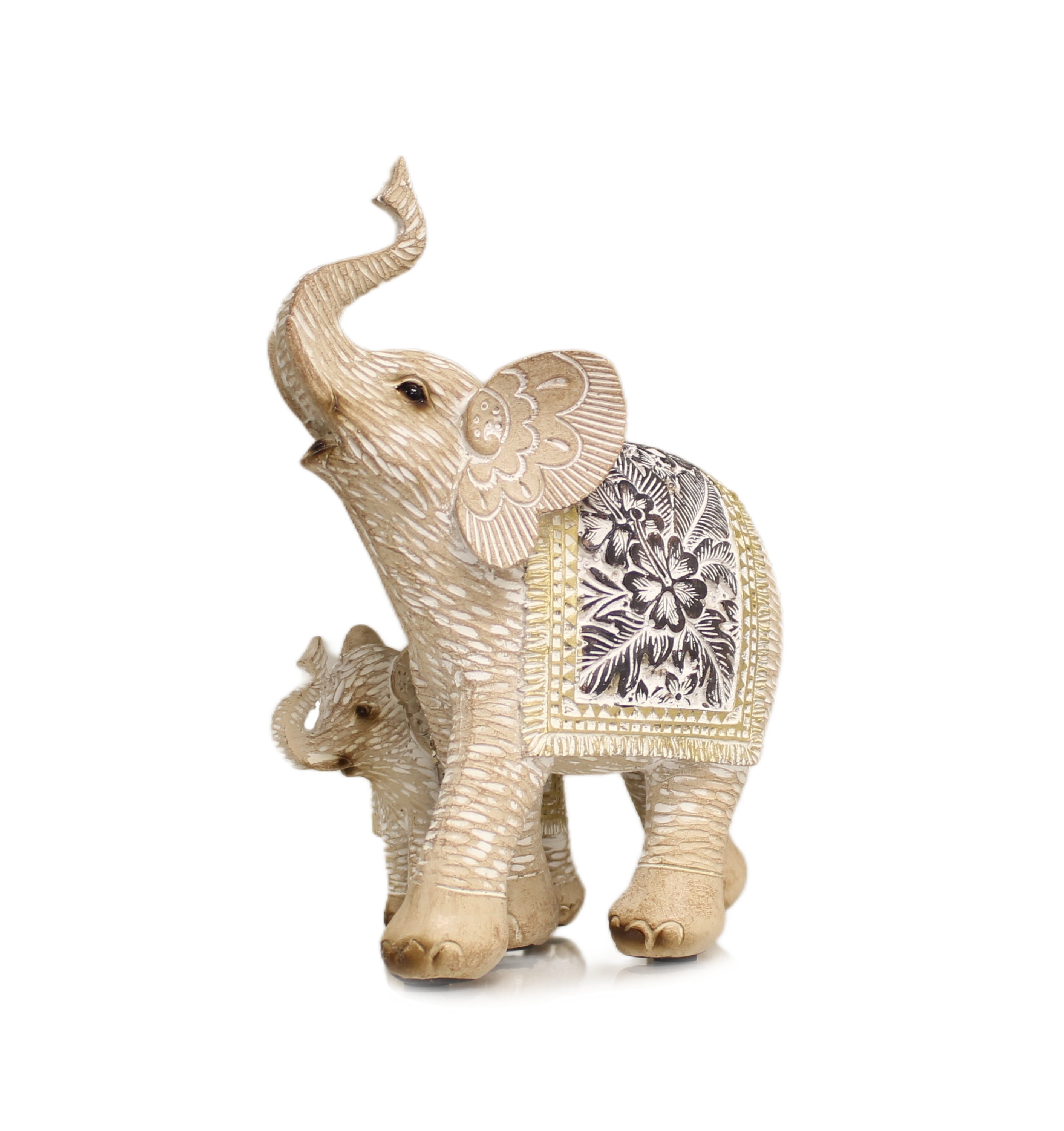 Carved Resin Elephant with Baby: Floral Home Ornament, Boxed Gift