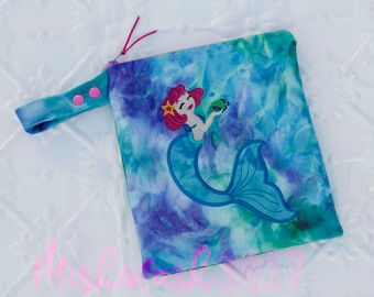 Retro Mermaid - Cosmetic - Toiletry - Lingerie reusable zipper PUL wet bag - Aqua purple tie dye minky