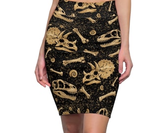 Falda tubo con estampado de fósiles de dinosaurio / Triceratops y T-Rex / Paleontología / Estilo geek