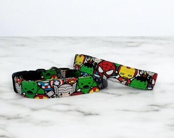 Superheroes Cotton Dog Collar - Comfortable, Durable, and Stylish - Sizes XS (teacup and Cat) through XXL (giant breeds)