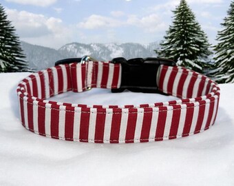 Collar de algodón a rayas rojas y blancas para perros: cómodo, duradero y elegante. Tallas desde XS (taza de té y gato) hasta XXL (razas gigantes).