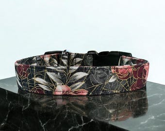 Elegant Dark Floral Cotton Dog Collar - Comfortable, Durable, and Stylish - Sizes XS (teacup and Cat) through XXL (giant breeds)