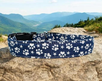 Blue Paw Prints Cotton Dog Collar - Comfortable, Durable, and Stylish - Sizes XS (teacup and Cat) through XXL (giant breeds)