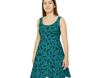 Vestido patinador con dragón verde azulado / Estampado de fantasía gótica