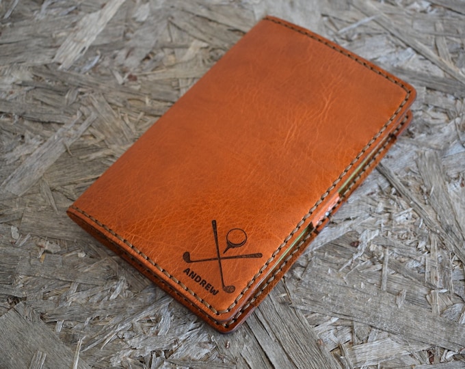 Leather Golf Scorecard Holder / Yardage book cover /  Personalized with your logo or your name / Hand Stitching and Full Grain Leather