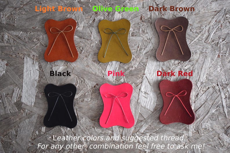 May include: A selection of leather samples in various colors, including light brown, olive green, dark brown, black, pink, and dark red. Each sample has a bow-like design with matching thread. Text reads "Leather colors and suggested thread."