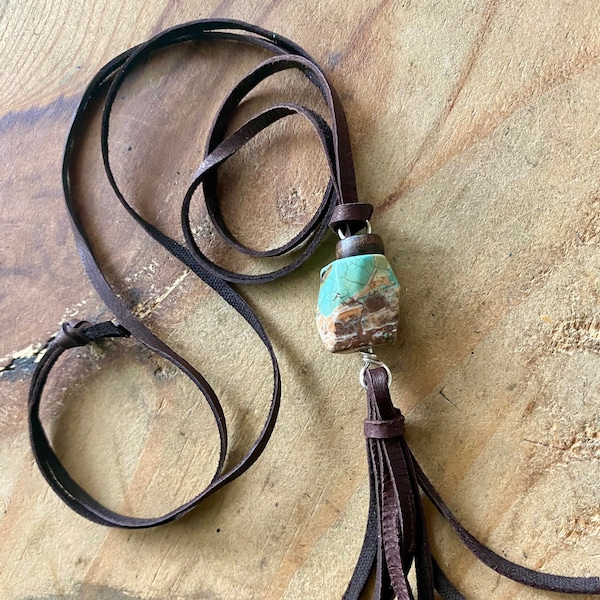 leather tassel necklace boho necklace stone and tassel necklace hippie necklace long tassel necklace ready to ship gift earthy jewelry